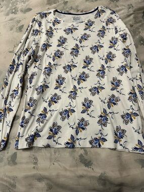 croft & barrow White Long Sleeve Top with Blue and Yellow Floral Print